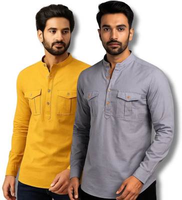 MAHIRAN Men Solid Straight Kurta(Grey, Yellow)