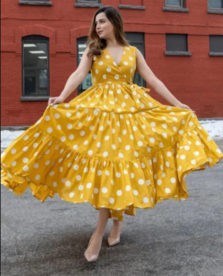 JC Clothing Women Polka Print Gown Kurta(Yellow)