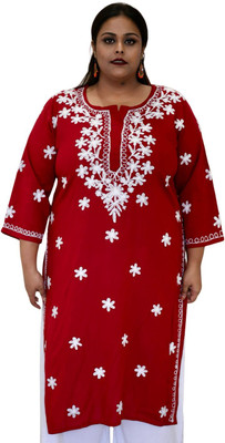 myplusfashion Women Chikan Embroidery Straight Kurta(Red)