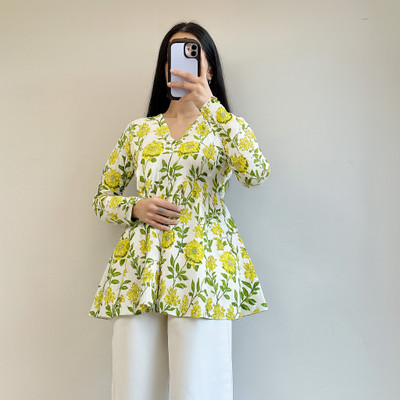 CLANGER Women Floral Print Flared Kurta(Yellow)