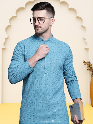 Jompers Men Embroidered, Embellished Straight Kurta(Blue)