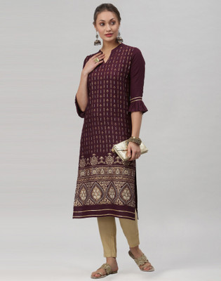 Skylee Women Printed, Geometric Print, Checkered, Striped Straight Kurta(Purple, Gold)