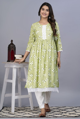 Lihimisu Women Floral Print A-line Kurta(Light Green)