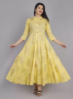 AnviTextile Women Printed Anarkali Kurta(Yellow)