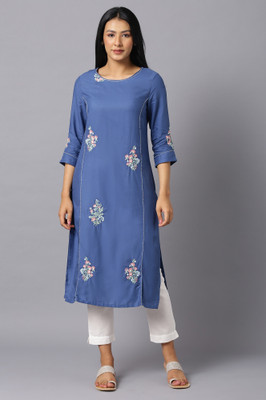 W Women Solid Straight Kurta(Dark Blue)