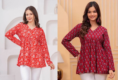 ARZOO Women Floral Print Flared Kurta(Red, Maroon)