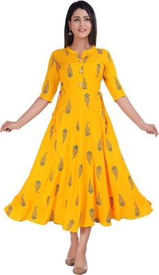 Aurelisa Women Printed Anarkali Kurta(Yellow)