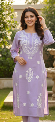 ChikankariArts Women Chikan Embroidery, Embroidered Straight Kurta(Purple)