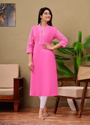 The Style Syndicate Women Embroidered, Floral Print, Embellished Straight Kurta(Yellow)