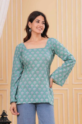 meyora Women Printed Flared Kurta(Light Green)