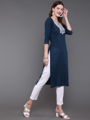 Antaran Women Solid Straight Kurta(Dark Blue)