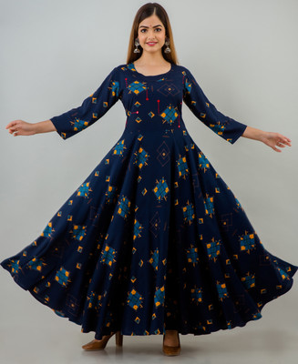 RopaDeModa Women Printed Anarkali Kurta(Blue)