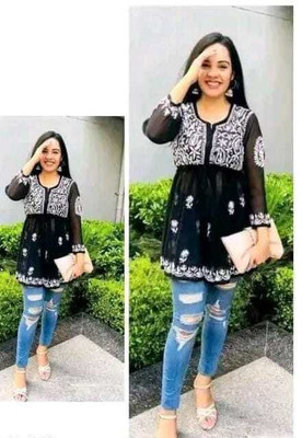 ATOZENTERPRISE Women Embroidered Anarkali Kurta(Black)