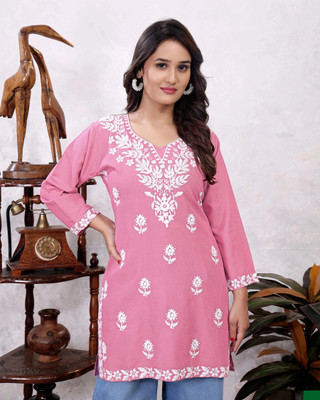 RUDRALIFESTAYLE Women Chikan Embroidery A-line Kurta(Pink)