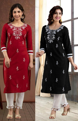 vikshi Women Embroidered Straight Kurta(Black, Maroon)