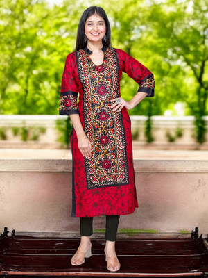 Jevi Prints Women Printed Straight Kurta(Red, Black)