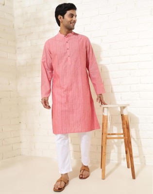 Fabindia Men Woven Design Straight Kurta(Pink)