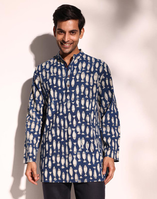 Fabindia Men Printed Straight Kurta(Blue)