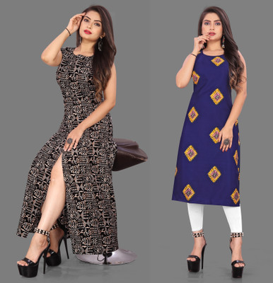 HouseOfCommon Women Printed High Low Kurta(Blue, Black)