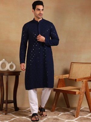 Ethnic Bay Men Embroidered Straight Kurta(Blue)