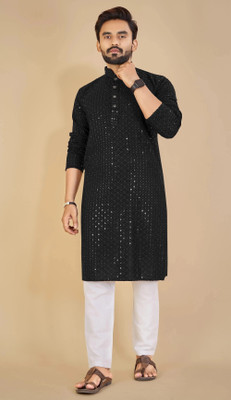 ORIFAB Men Embroidered Straight Kurta(Black)