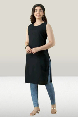 KANGAROO Women Solid Straight Kurta(Black)