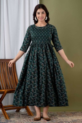 Panchhiraj Women Floral Print Anarkali Kurta(Dark Green, White, Brown)