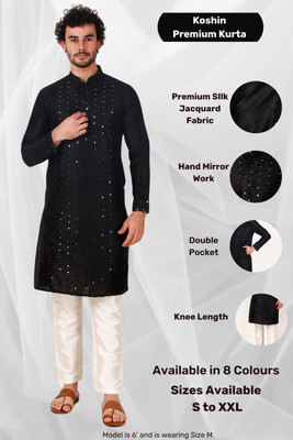 Koshin Men Embroidered Straight Kurta(Black)