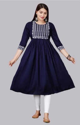 JYOTI FEBS Women Solid, Embroidered Anarkali Kurta(Dark Blue)