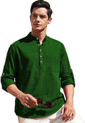 indirae Men Solid A-line Kurta(Green)
