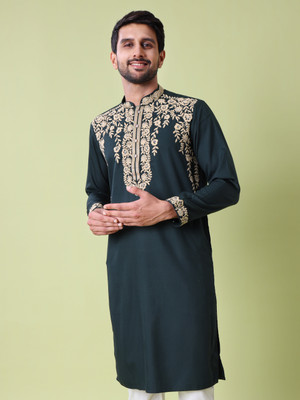 Maahi Fabs Men Embroidered Straight Kurta(Green)