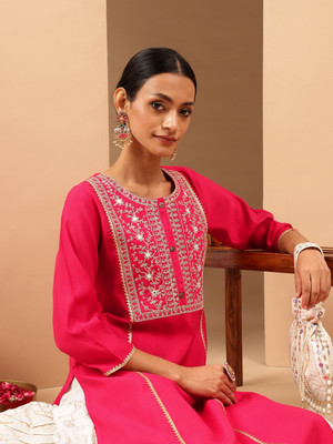 Janasya Women Embroidered Straight Kurta(Pink)