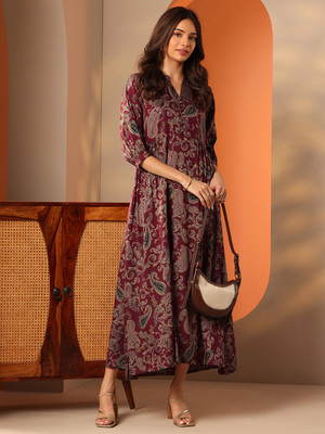 LIBAS Women Printed Flared Kurta(Maroon)