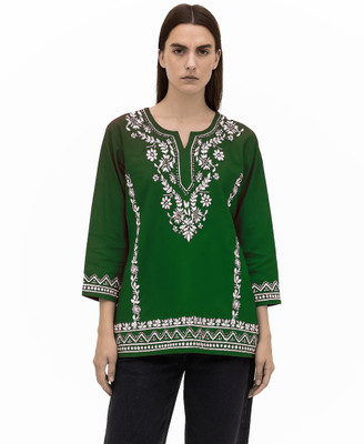 Era Chikan Women Embroidered Ethnic Dress Kurta(Dark Green)
