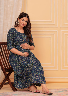 LOMRA Women Printed Flared Kurta(Blue)