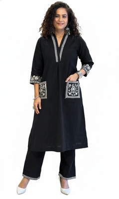 trendpe Women Solid, Embroidered Straight Kurta(Black)