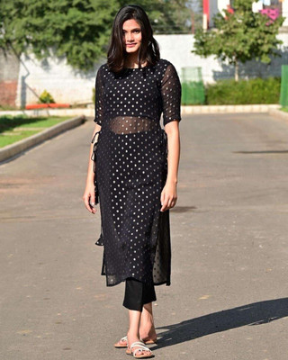 PuriMaa Women Geometric Print Trail Cut Kurta(Black)