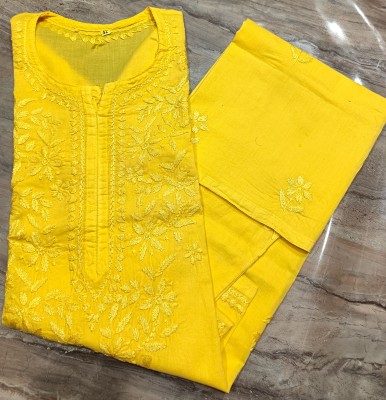 Adab chikan handicraft Women Chikan Embroidery Straight Kurta(Yellow)