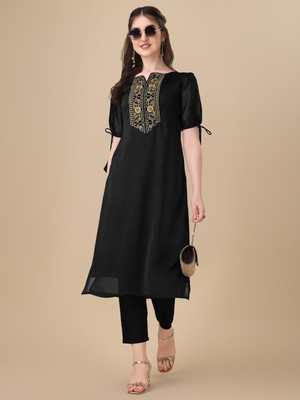 yeoja creation Women Embroidered Straight Kurta(Black)