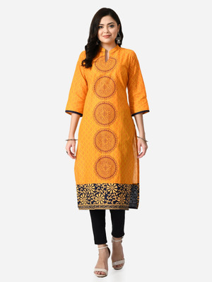 Alexa India Women Block Print A-line Kurta(Yellow)