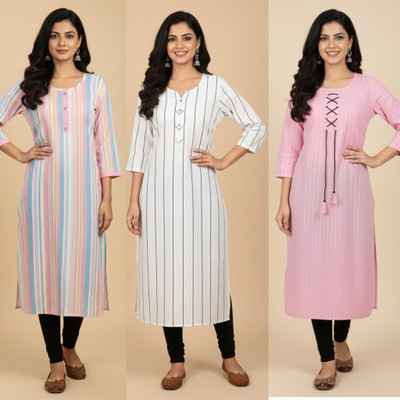 Bhangar Textiles Women Striped Straight Kurta(Multicolor, White, Pink)