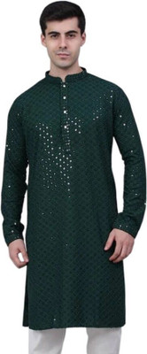 DHASU TRENDZ Men Chikan Embroidery Straight Kurta(Green)