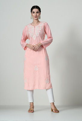MAURYA Women Embroidered, Chikan Embroidery, Paisley, Self Design Straight Kurta(Pink)