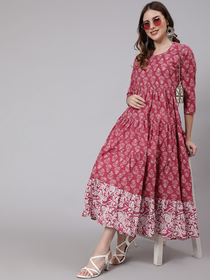 GLAM ROOTS Women Floral Print Flared Kurta(Maroon, White)