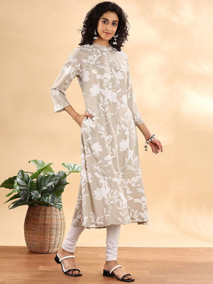 ANOUK Women Floral Print Straight Kurta(Grey)