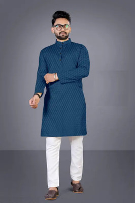 HouseOfCommon Men Self Design Straight Kurta(Light Blue)