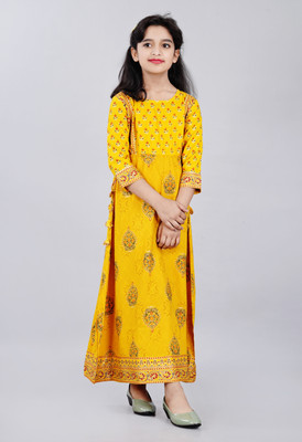 DMP EXPORT Girls Floral Print A-line Kurta(Yellow)