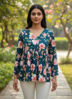 Gvastra Women Printed Flared Kurta(Dark Green)