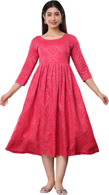 Aivira Women Printed Anarkali Kurta(Pink)