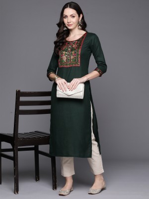 Indo Era Women Woven Design Straight Kurta(Dark Green)